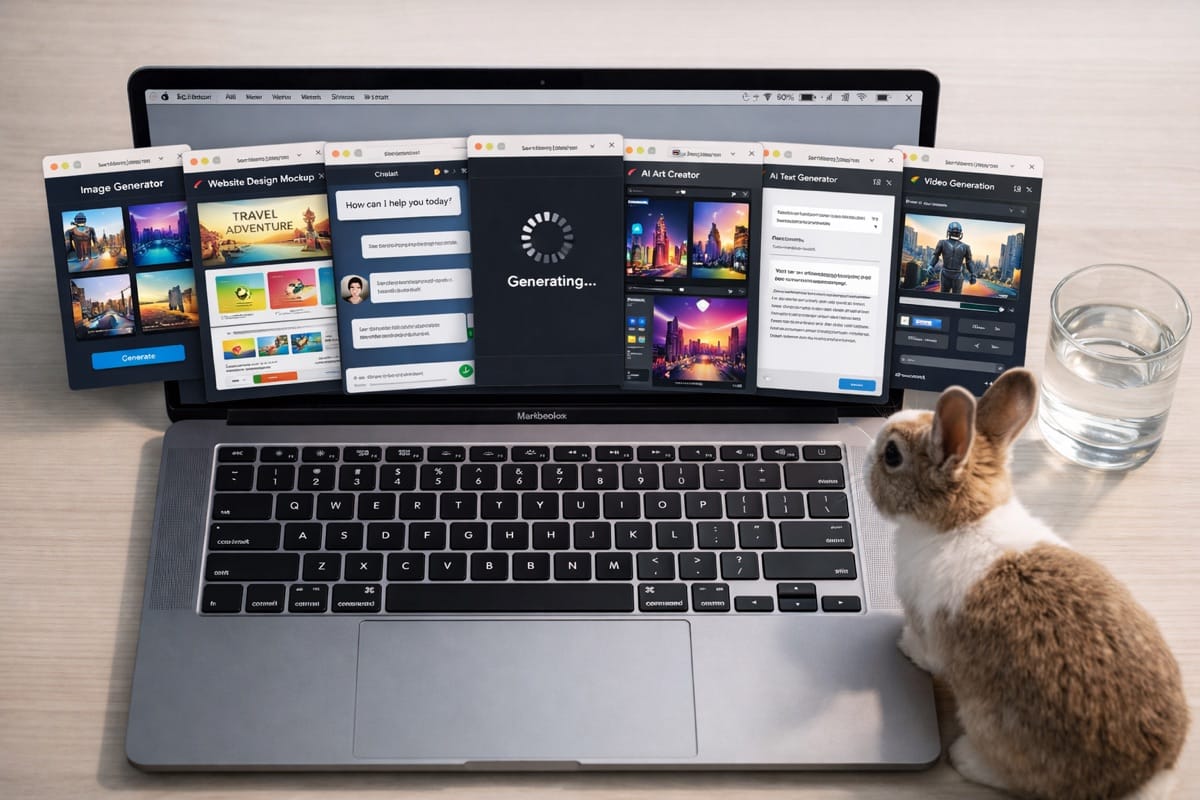 一台 MacBook 開著多個 Safari 分頁，螢幕上顯示各種 AI 工具的介面，桌上有一杯水和一隻兔子